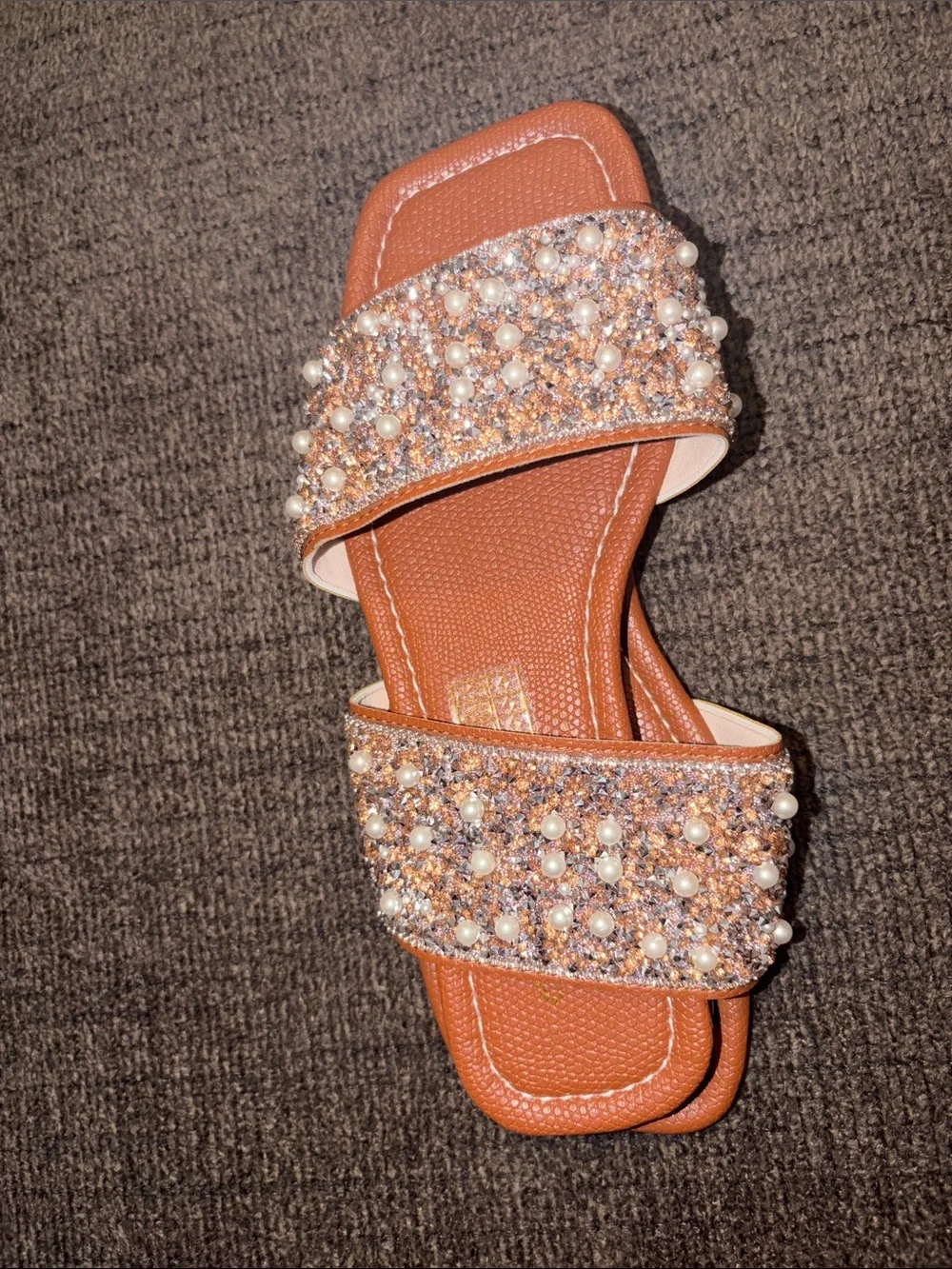 SHEIN Pearl & Rhinestone Double-Band Sandals - Brown